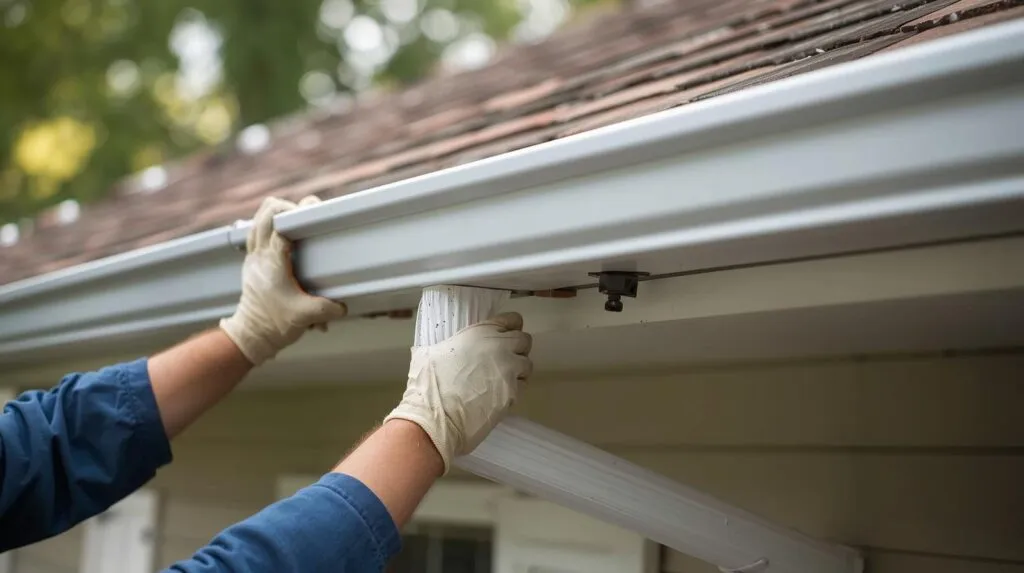Lankford Roofing crew installing seamless gutters in Sherman, TX