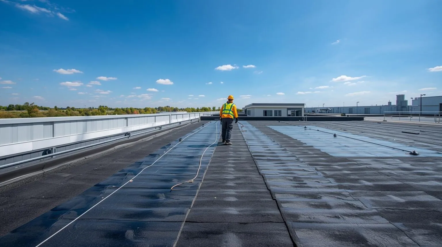 Lankford Roofing crew installing a commercial flat roof system in Sherman, TX