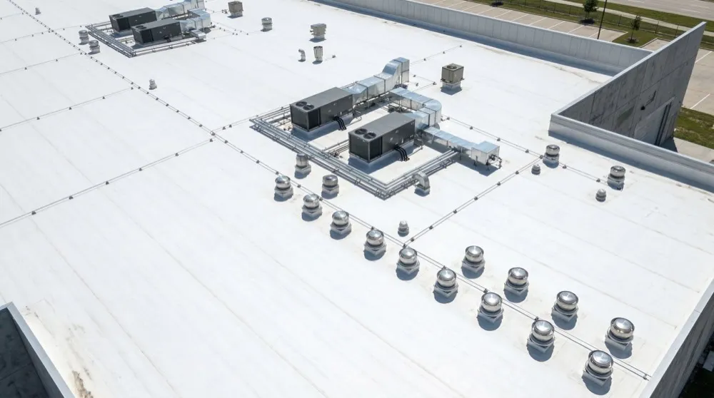 Commercial TPO flat roof installation, Texoma region